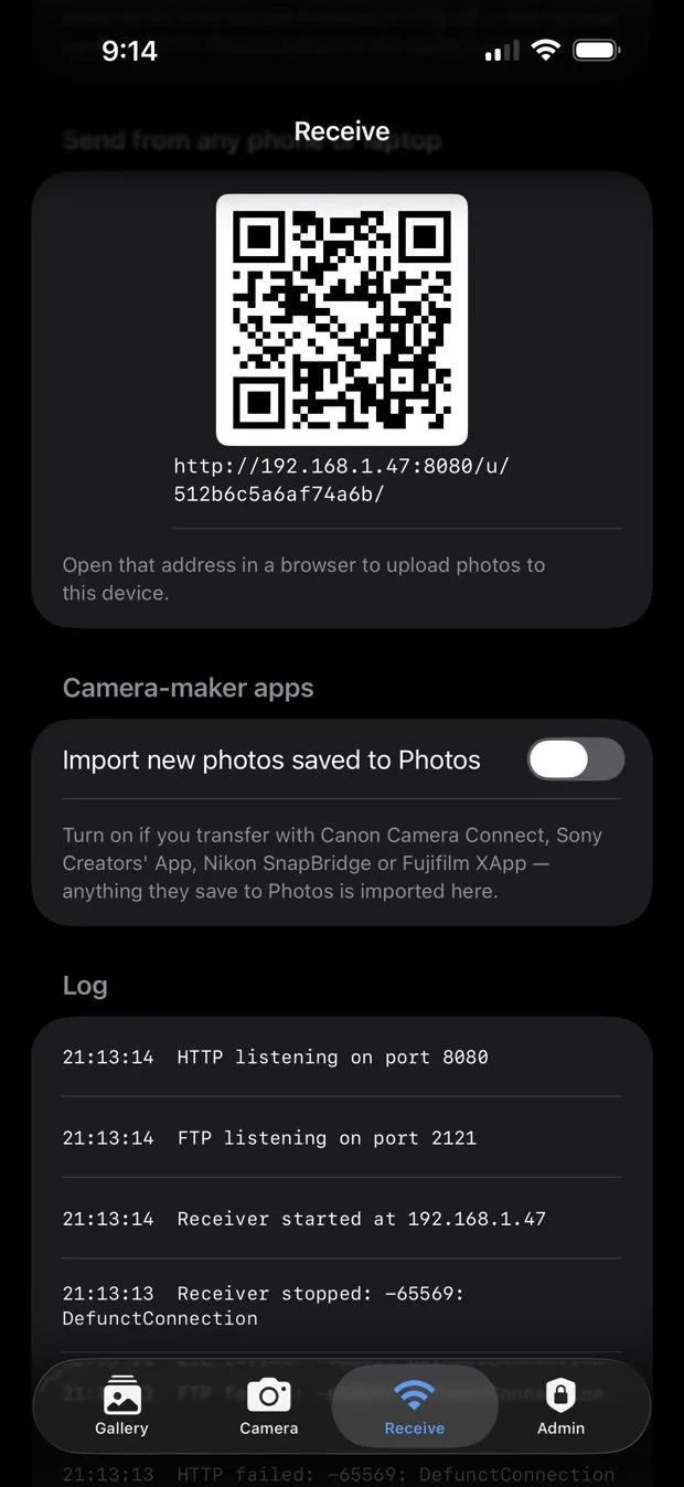 Receive tab with QR upload page