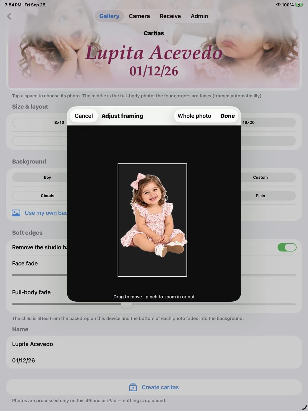 Adjust framing screen with the Whole photo button