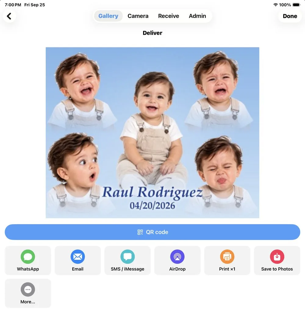 Delivery screen with QR, WhatsApp, email, AirDrop and print