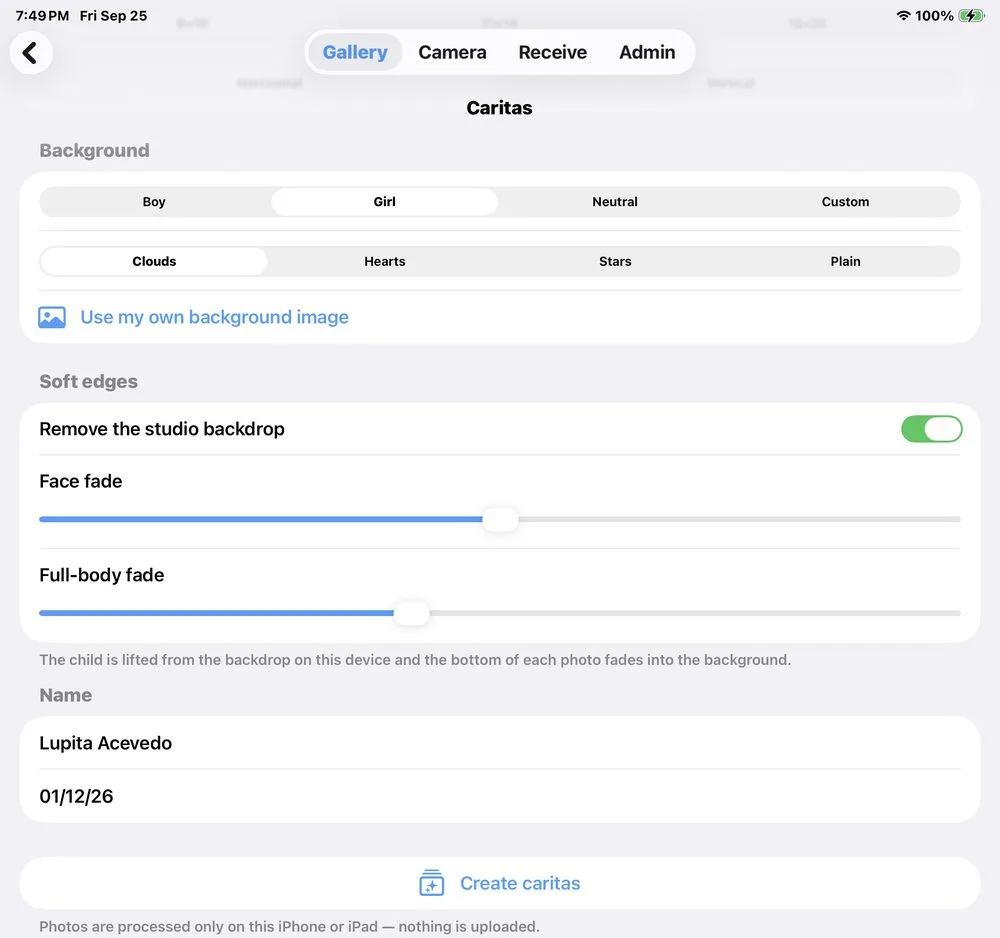 Caritas settings: colors, background, soft edges and name