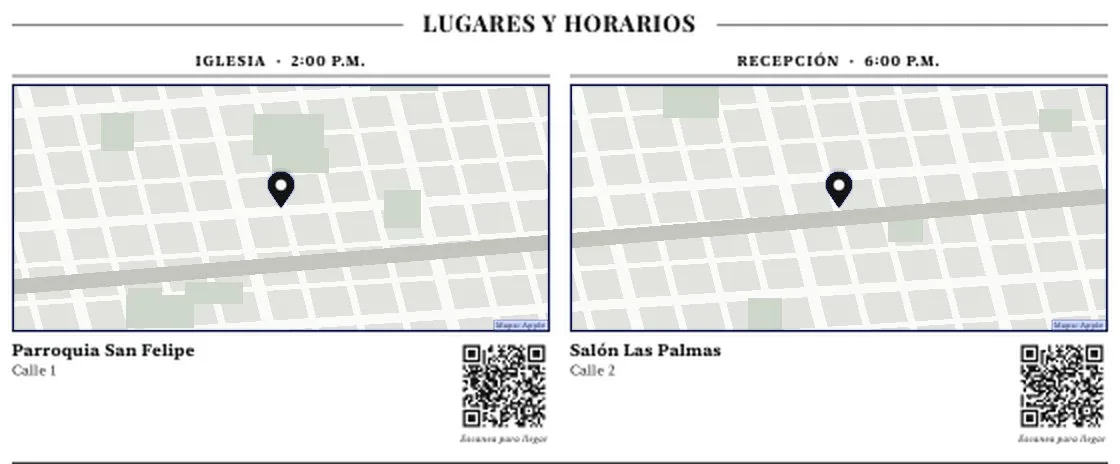 Places, maps and times box with a QR code for each place