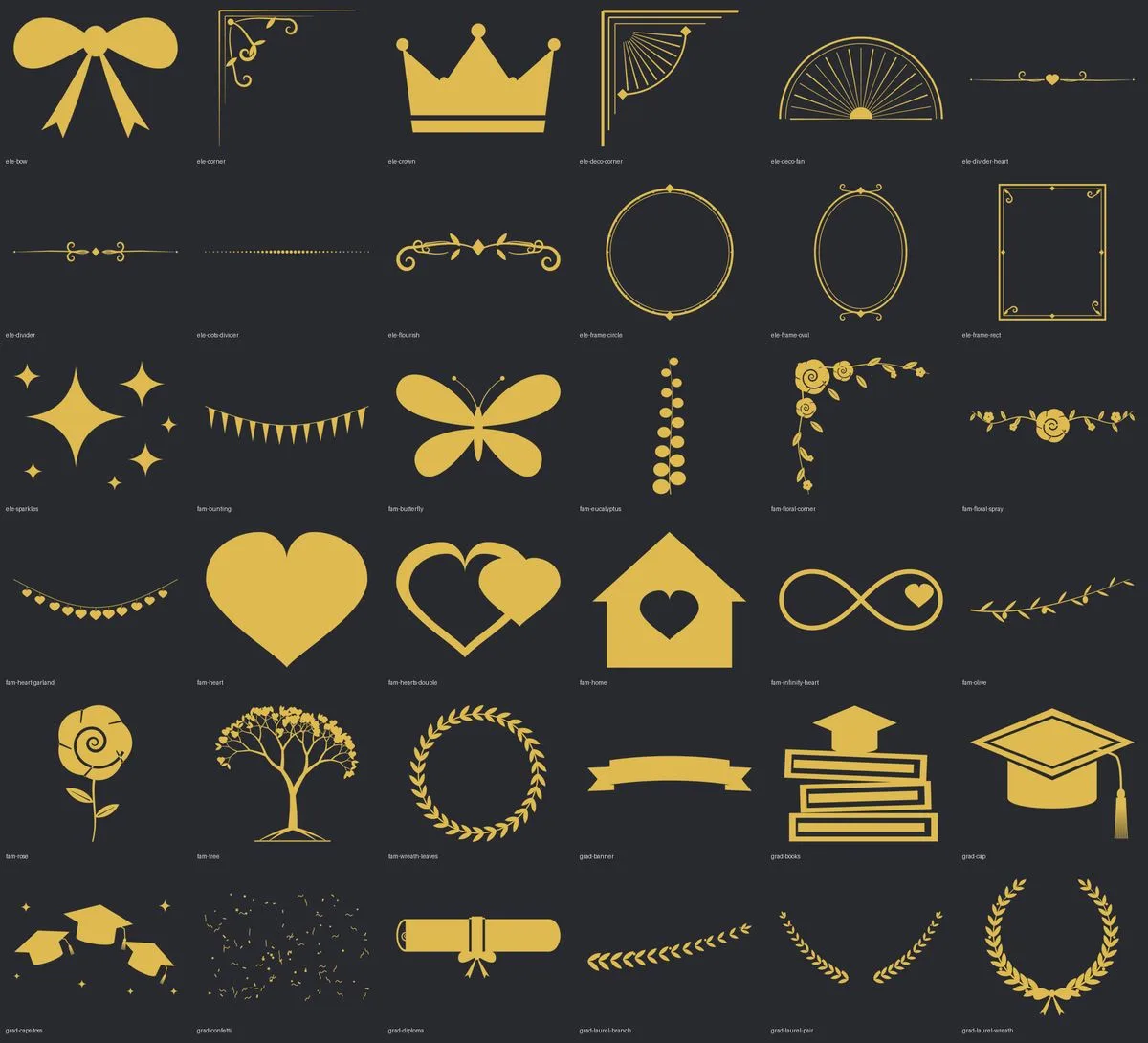 Ornaments: bows, crowns, frames, hearts, flowers, caps, diplomas and laurels